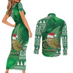 New Zealand Kakapo Christmas In July Couples Matching Short Sleeve Bodycon Dress and Long Sleeve Button Shirt Silver Fern Santa Xmas Green Color
