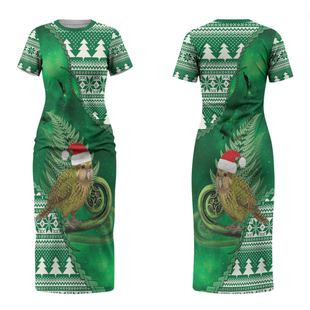 New Zealand Kakapo Christmas In July Couples Matching Short Sleeve Bodycon Dress and Long Sleeve Button Shirt Silver Fern Santa Xmas Green Color LT22