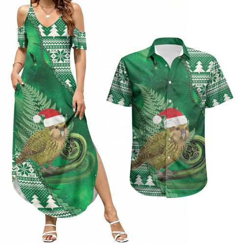 New Zealand Kakapo Christmas In July Couples Matching Summer Maxi Dress and Hawaiian Shirt Silver Fern Santa Xmas Green Color
