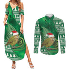 New Zealand Kakapo Christmas In July Couples Matching Summer Maxi Dress and Long Sleeve Button Shirt Silver Fern Santa Xmas Green Color