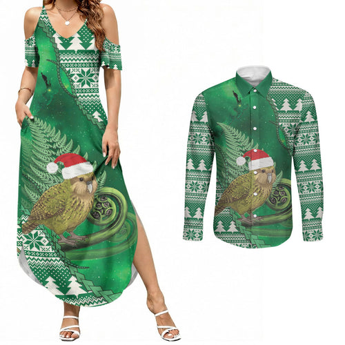 New Zealand Kakapo Christmas In July Couples Matching Summer Maxi Dress and Long Sleeve Button Shirt Silver Fern Santa Xmas Green Color