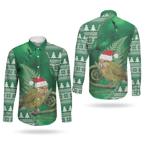 New Zealand Kakapo Christmas In July Couples Matching Summer Maxi Dress and Long Sleeve Button Shirt Silver Fern Santa Xmas Green Color