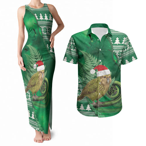 New Zealand Kakapo Christmas In July Couples Matching Tank Maxi Dress and Hawaiian Shirt Silver Fern Santa Xmas Green Color