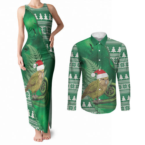 New Zealand Kakapo Christmas In July Couples Matching Tank Maxi Dress and Long Sleeve Button Shirt Silver Fern Santa Xmas Green Color