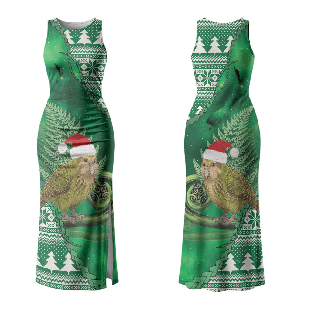 New Zealand Kakapo Christmas In July Couples Matching Tank Maxi Dress and Long Sleeve Button Shirt Silver Fern Santa Xmas Green Color LT22