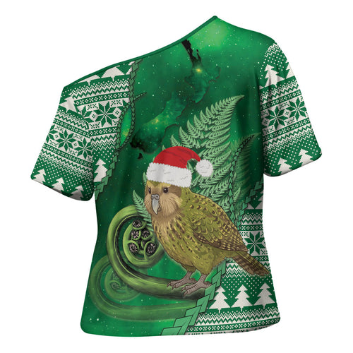New Zealand Kakapo Christmas In July Cross Shoulder Shirt Silver Fern Santa Xmas Green Color