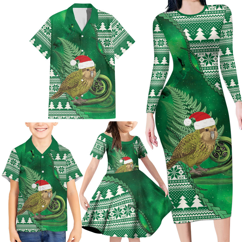 New Zealand Kakapo Christmas In July Family Matching Long Sleeve Bodycon Dress and Hawaiian Shirt Silver Fern Santa Xmas Green Color