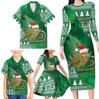 New Zealand Kakapo Christmas In July Family Matching Long Sleeve Bodycon Dress and Hawaiian Shirt Silver Fern Santa Xmas Green Color