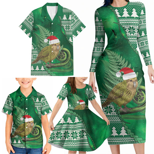 New Zealand Kakapo Christmas In July Family Matching Long Sleeve Bodycon Dress and Hawaiian Shirt Silver Fern Santa Xmas Green Color