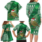 New Zealand Kakapo Christmas In July Family Matching Long Sleeve Bodycon Dress and Hawaiian Shirt Silver Fern Santa Xmas Green Color