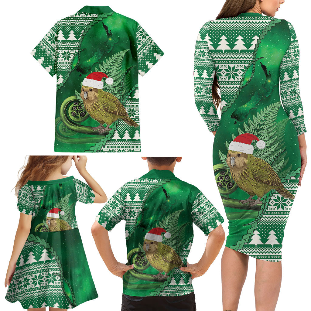 New Zealand Kakapo Christmas In July Family Matching Long Sleeve Bodycon Dress and Hawaiian Shirt Silver Fern Santa Xmas Green Color