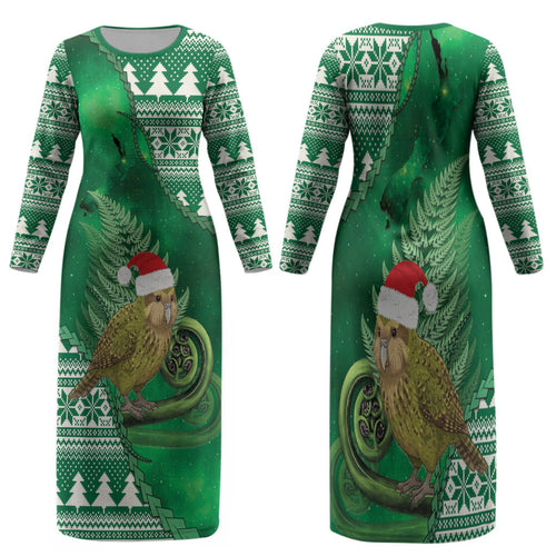 New Zealand Kakapo Christmas In July Family Matching Long Sleeve Bodycon Dress and Hawaiian Shirt Silver Fern Santa Xmas Green Color