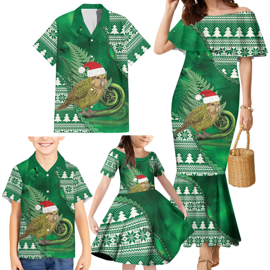 New Zealand Kakapo Christmas In July Family Matching Mermaid Dress and Hawaiian Shirt Silver Fern Santa Xmas Green Color