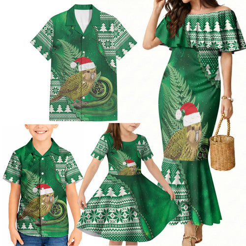 New Zealand Kakapo Christmas In July Family Matching Mermaid Dress and Hawaiian Shirt Silver Fern Santa Xmas Green Color
