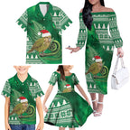 New Zealand Kakapo Christmas In July Family Matching Off The Shoulder Long Sleeve Dress and Hawaiian Shirt Silver Fern Santa Xmas Green Color