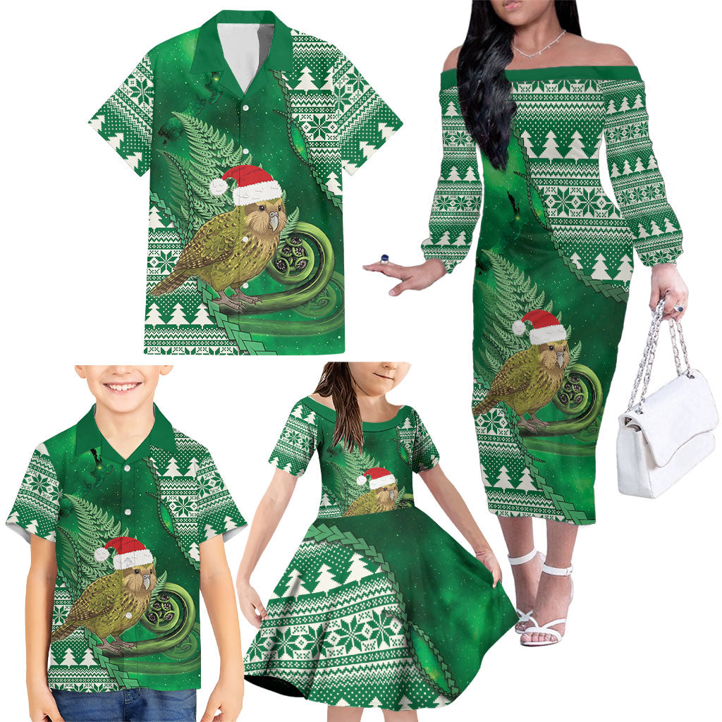 New Zealand Kakapo Christmas In July Family Matching Off The Shoulder Long Sleeve Dress and Hawaiian Shirt Silver Fern Santa Xmas Green Color