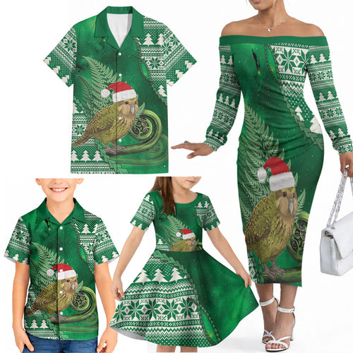 New Zealand Kakapo Christmas In July Family Matching Off The Shoulder Long Sleeve Dress and Hawaiian Shirt Silver Fern Santa Xmas Green Color