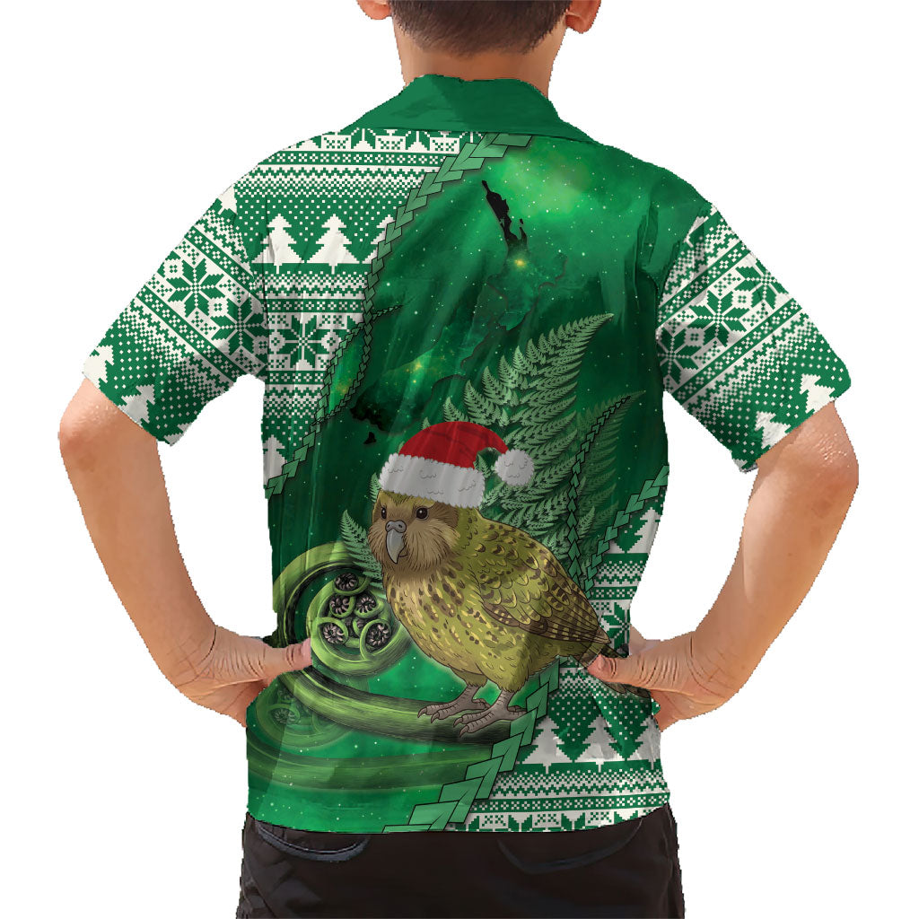 New Zealand Kakapo Christmas In July Family Matching Off The Shoulder Long Sleeve Dress and Hawaiian Shirt Silver Fern Santa Xmas Green Color
