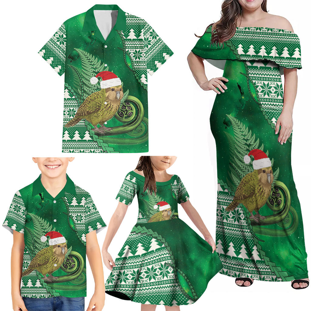 New Zealand Kakapo Christmas In July Family Matching Off Shoulder Maxi Dress and Hawaiian Shirt Silver Fern Santa Xmas Green Color