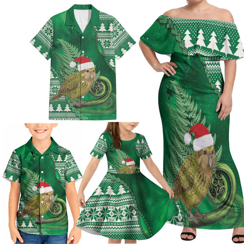New Zealand Kakapo Christmas In July Family Matching Off Shoulder Maxi Dress and Hawaiian Shirt Silver Fern Santa Xmas Green Color