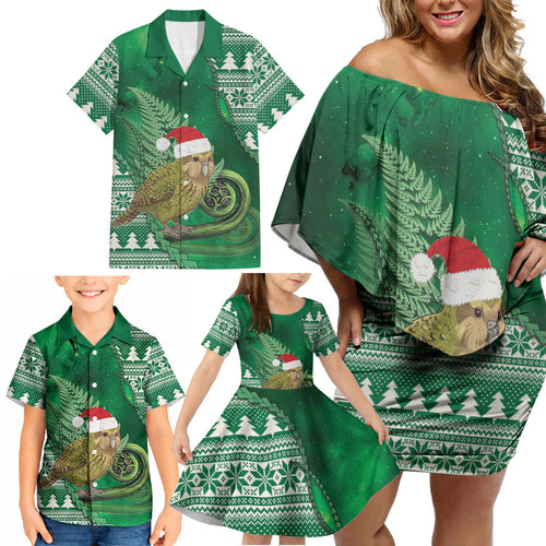 New Zealand Kakapo Christmas In July Family Matching Off Shoulder Short Dress and Hawaiian Shirt Silver Fern Santa Xmas Green Color