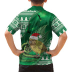 New Zealand Kakapo Christmas In July Family Matching Off Shoulder Short Dress and Hawaiian Shirt Silver Fern Santa Xmas Green Color
