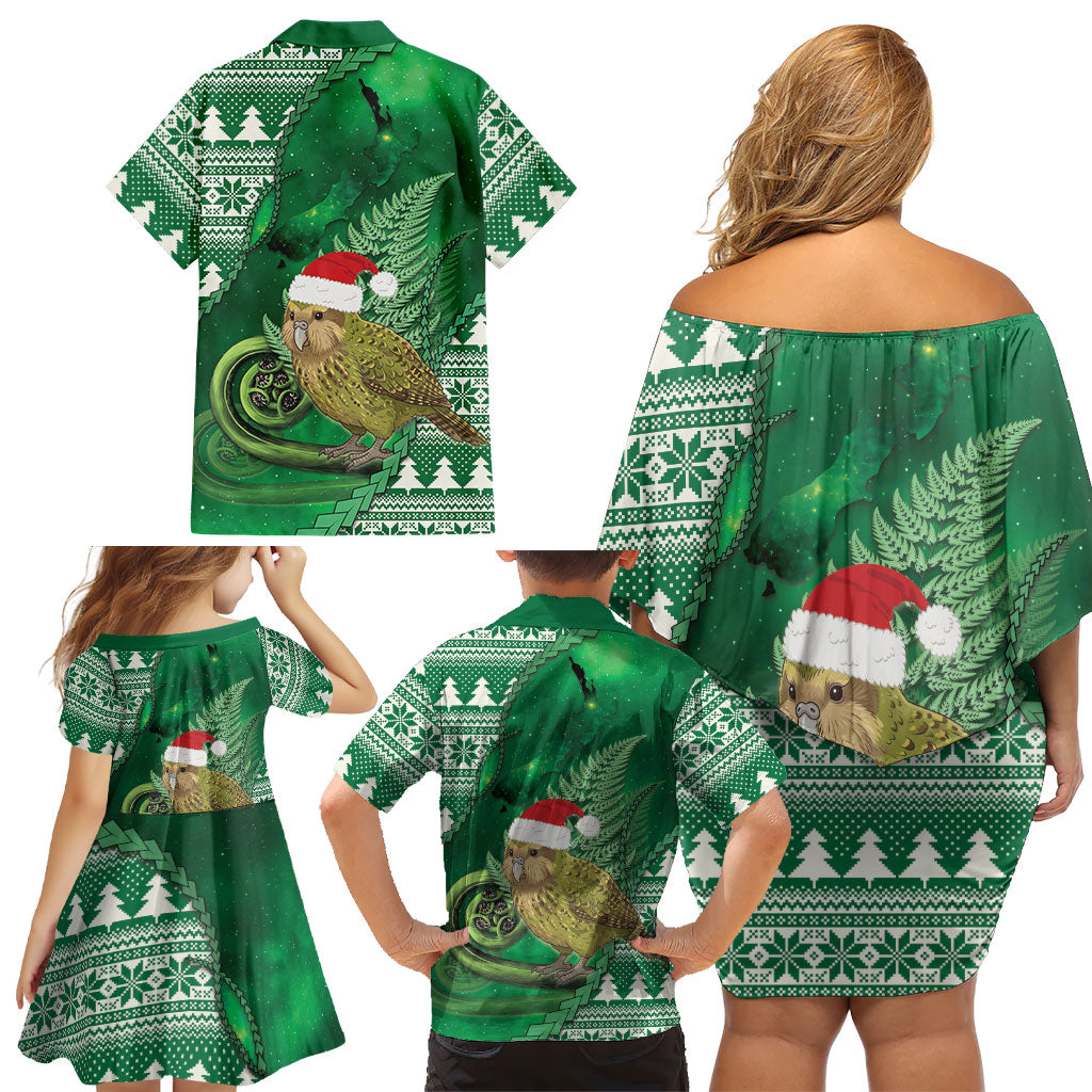 New Zealand Kakapo Christmas In July Family Matching Off Shoulder Short Dress and Hawaiian Shirt Silver Fern Santa Xmas Green Color