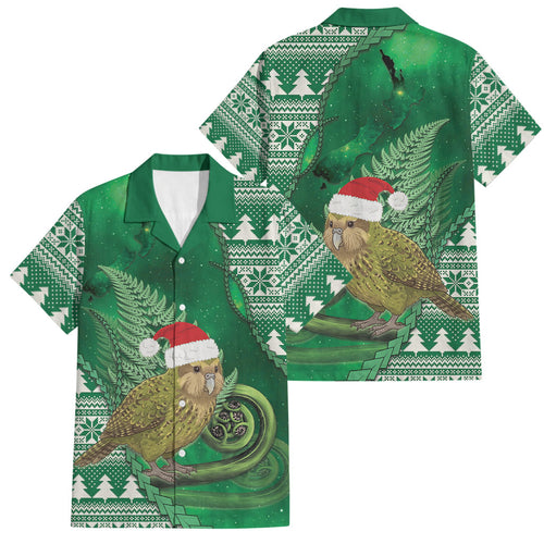 New Zealand Kakapo Christmas In July Family Matching Off Shoulder Short Dress and Hawaiian Shirt Silver Fern Santa Xmas Green Color