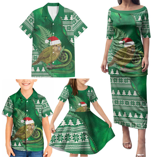 New Zealand Kakapo Christmas In July Family Matching Puletasi and Hawaiian Shirt Silver Fern Santa Xmas Green Color