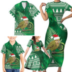 New Zealand Kakapo Christmas In July Family Matching Short Sleeve Bodycon Dress and Hawaiian Shirt Silver Fern Santa Xmas Green Color