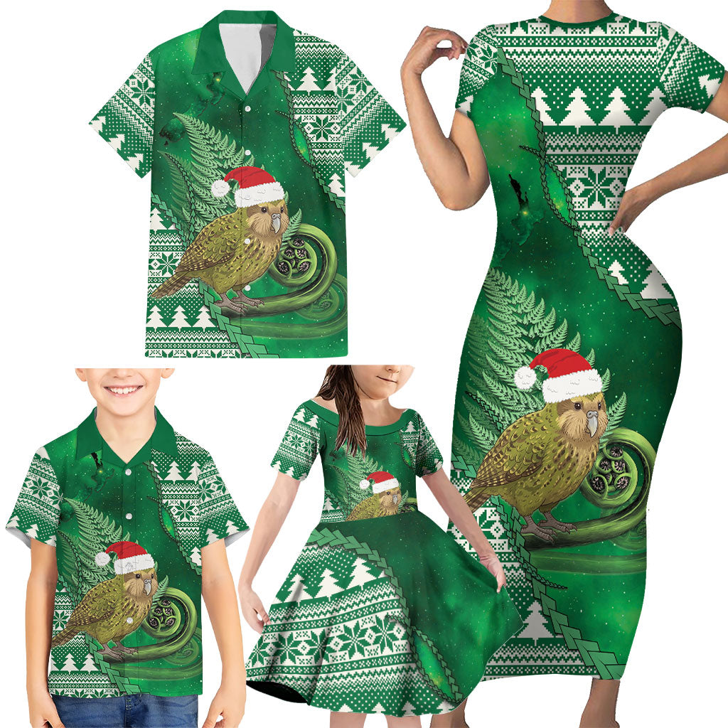 New Zealand Kakapo Christmas In July Family Matching Short Sleeve Bodycon Dress and Hawaiian Shirt Silver Fern Santa Xmas Green Color