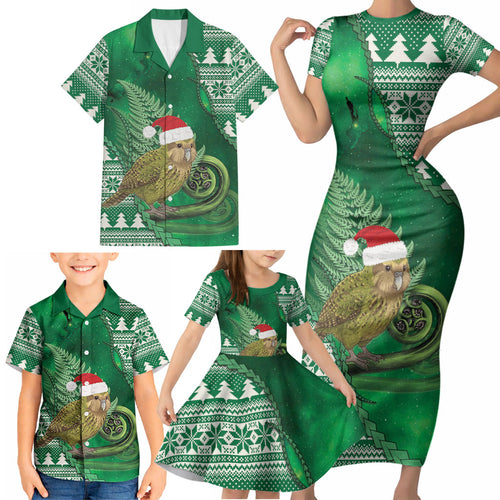 New Zealand Kakapo Christmas In July Family Matching Short Sleeve Bodycon Dress and Hawaiian Shirt Silver Fern Santa Xmas Green Color