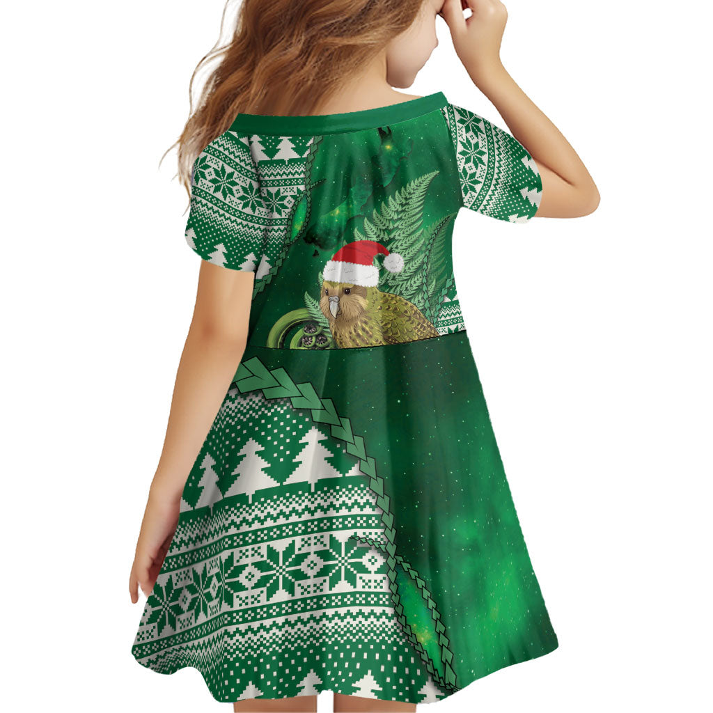 New Zealand Kakapo Christmas In July Family Matching Short Sleeve Bodycon Dress and Hawaiian Shirt Silver Fern Santa Xmas Green Color