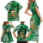 New Zealand Kakapo Christmas In July Family Matching Short Sleeve Bodycon Dress and Hawaiian Shirt Silver Fern Santa Xmas Green Color