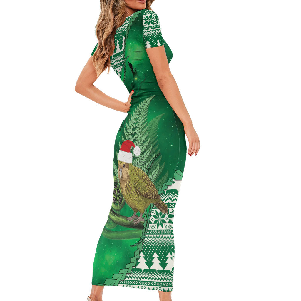 New Zealand Kakapo Christmas In July Family Matching Short Sleeve Bodycon Dress and Hawaiian Shirt Silver Fern Santa Xmas Green Color