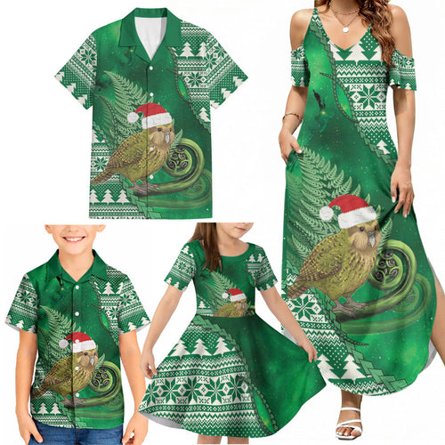 New Zealand Kakapo Christmas In July Family Matching Summer Maxi Dress and Hawaiian Shirt Silver Fern Santa Xmas Green Color