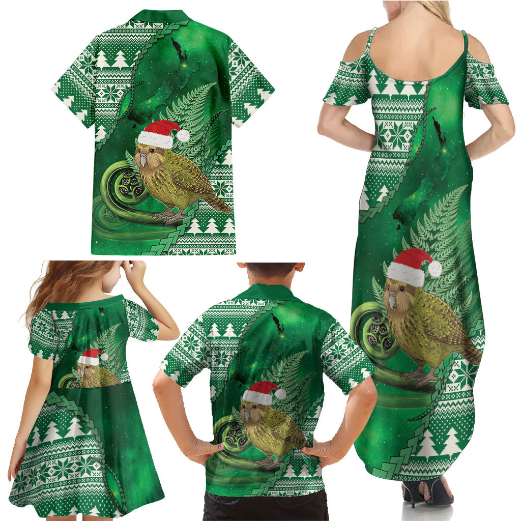 New Zealand Kakapo Christmas In July Family Matching Summer Maxi Dress and Hawaiian Shirt Silver Fern Santa Xmas Green Color