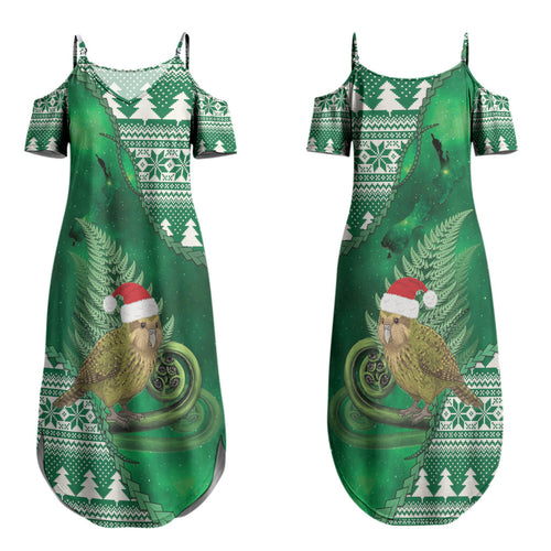 New Zealand Kakapo Christmas In July Family Matching Summer Maxi Dress and Hawaiian Shirt Silver Fern Santa Xmas Green Color