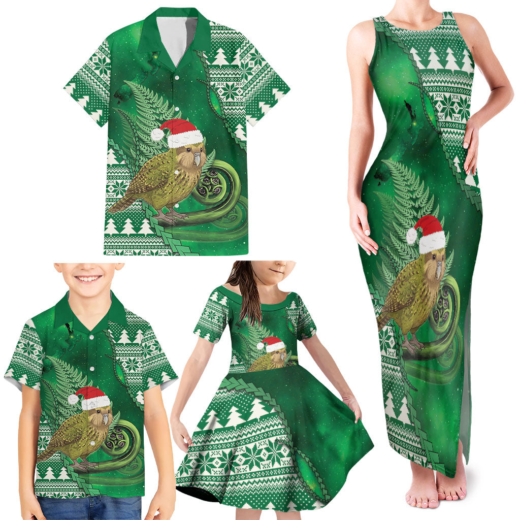 New Zealand Kakapo Christmas In July Family Matching Tank Maxi Dress and Hawaiian Shirt Silver Fern Santa Xmas Green Color