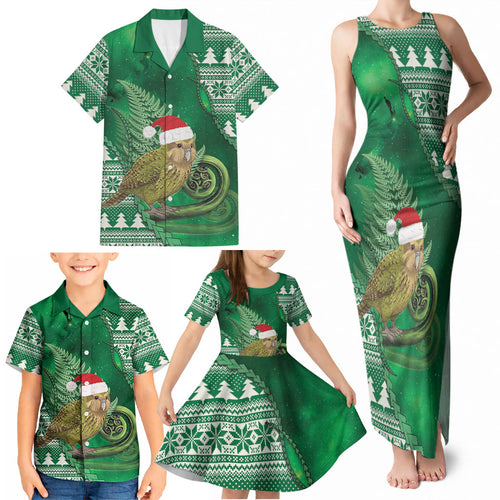 New Zealand Kakapo Christmas In July Family Matching Tank Maxi Dress and Hawaiian Shirt Silver Fern Santa Xmas Green Color