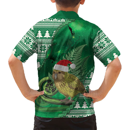 New Zealand Kakapo Christmas In July Kid Hawaiian Shirt Silver Fern Santa Xmas Green Color
