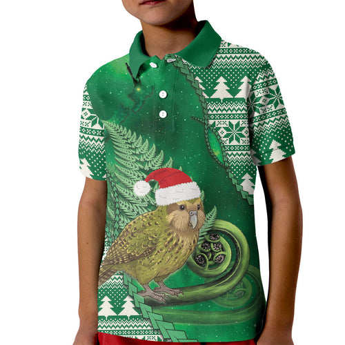 New Zealand Kakapo Christmas In July Kid Polo Shirt Silver Fern Santa Xmas Green Color