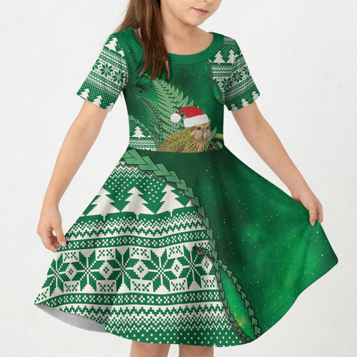 New Zealand Kakapo Christmas In July Kid Short Sleeve Dress Silver Fern Santa Xmas Green Color