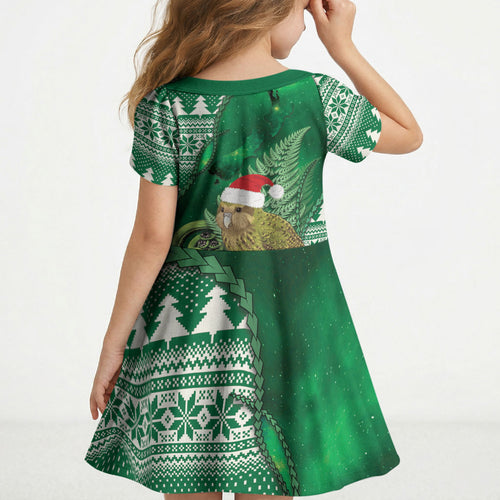 New Zealand Kakapo Christmas In July Kid Short Sleeve Dress Silver Fern Santa Xmas Green Color