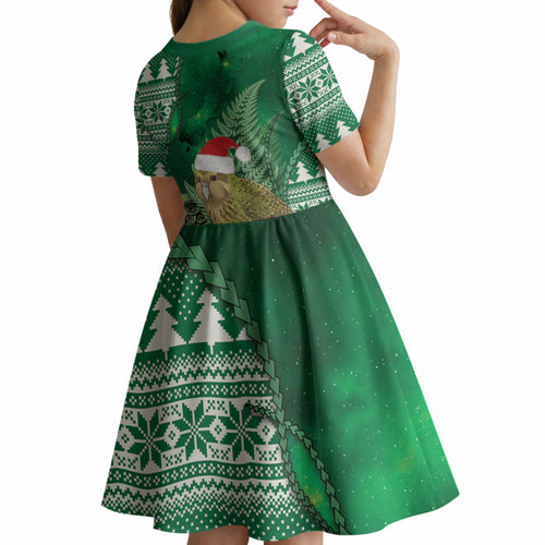 New Zealand Kakapo Christmas In July Kid Short Sleeve Dress Silver Fern Santa Xmas Green Color