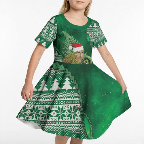 New Zealand Kakapo Christmas In July Kid Short Sleeve Dress Silver Fern Santa Xmas Green Color