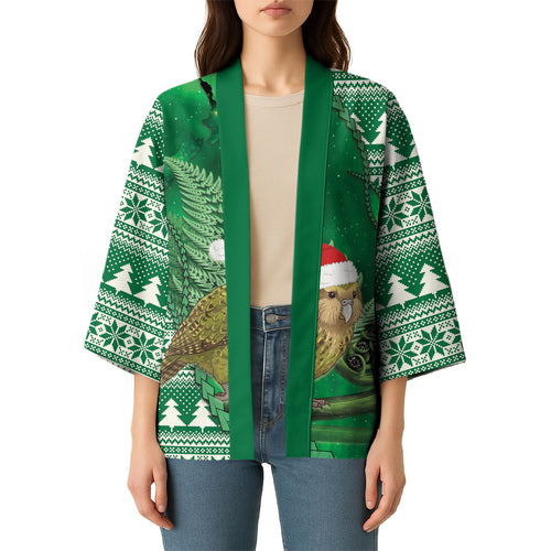 New Zealand Kakapo Christmas In July Kimono Silver Fern Santa Xmas Green Color