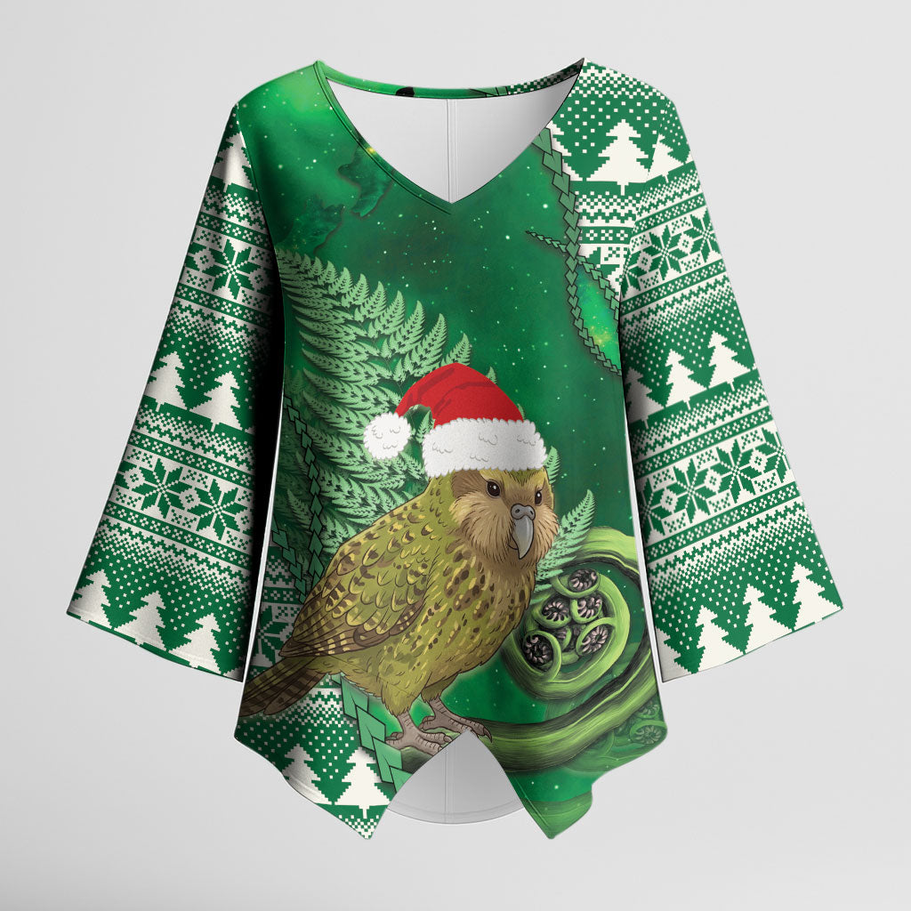 New Zealand Kakapo Christmas In July Kimono Sleeve Blouse Silver Fern Santa Xmas Green Color