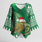 New Zealand Kakapo Christmas In July Kimono Sleeve Blouse Silver Fern Santa Xmas Green Color