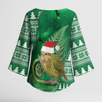 New Zealand Kakapo Christmas In July Kimono Sleeve Blouse Silver Fern Santa Xmas Green Color